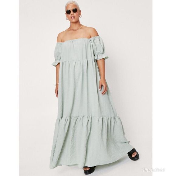 Nasty Gal Plus Size Textured Smock Off The Shoulder Maxi Dress - Picture 1 of 8